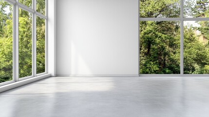 Fototapeta premium Empty modern room with large window forest view and soft daylight, minimal elegant interior
