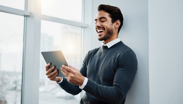 Happy young executive using digital tablet near window in modern office, concept for social media marketing, business communication and mobile technology