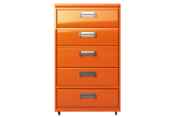 Bright orange filing cabinet stands alone against a neutral background, showcasing its sleek and modern design ideal for offices or home workspaces