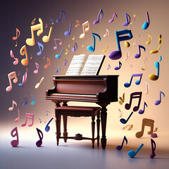 Piano stool 3d notes floating in air classical music concept