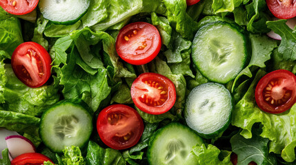 Fresh mixed salad with crisp lettuce cucumber and cherry tomato slices, vibrant and appetizing