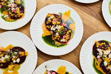 Beet Carpaccio with Mango and Cheese on Multiple Plates