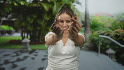 Young blonde woman makes finger heart gestures with both hands on a paved park path in a forest garden, smiling toward viewer; joy affection.