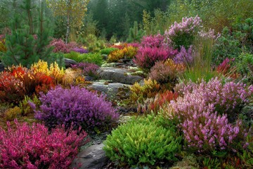 Obraz premium Planting vibrant heathers in a garden during autumn with colorful blooms and natural stone pathways enhancing the landscape