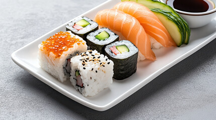 Fresh sushi assortment with salmon nigiri, maki roll and cucumber garnish, appetizing