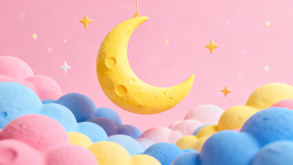Cartoon Yellow Moon & Colorful Cloud Dreamy 3D Illustration Scene