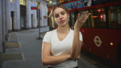 Woman with fist to chin and crossed arms on city street beside a red double decker bus at a curb; contemplation.