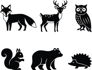 Minimal linocut black woodland animal icons featuring fox, deer, owl, squirrel, bear, and hedgehog silhouettes