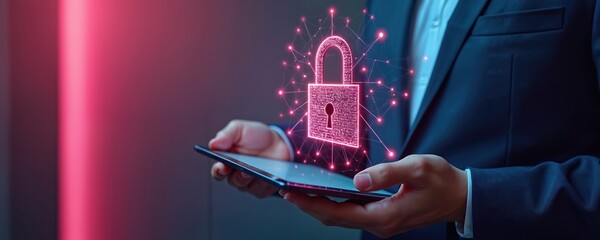 Businessman holds tablet with glowing virtual padlock icon. Man in suit protects personal data using cyber security network. Secures business information from hacker attack online. Internet safety