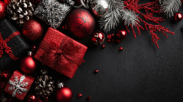 Merry Christmas and Happy Holidays greeting card, banner. New Year. Noel. Christmas red ornaments and gifts on black background top view. Winter xmas holiday theme