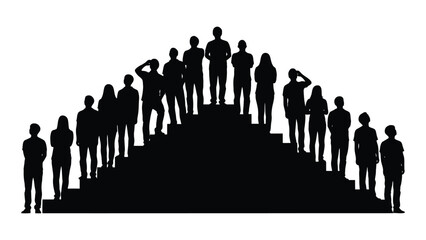 Group of people silhouettes on hierarchical steps isolated on white background, Vector