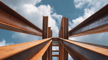 Steel beams reach toward the sky during building construction with a clear blue sky and fluffy clouds in the background