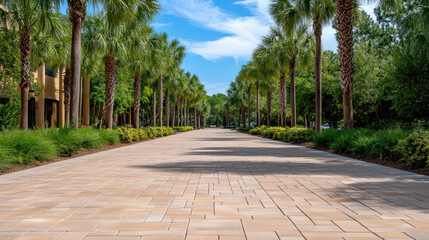 Palm tree avenue lined walkway with tiled pavement under blue sky