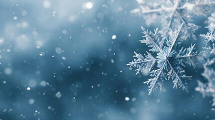 Snowflakes close up, blue background. Merry Christmas and Happy Holidays greeting card, frame, banner. New Year. Noel. Winter xmas festive theme.