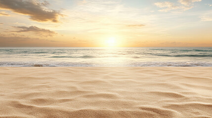 Golden sandy beach sunrise ocean horizon calm sea warm light