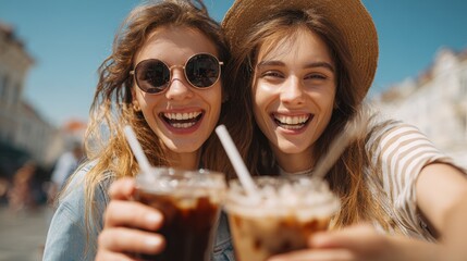 Cheerful young women enjoy iced coffee together in a sunny outdoor setting, celebrating friendship and joy on a warm afternoon