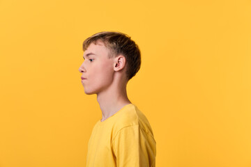 Fototapeta premium Profile of a young man in a yellow shirt against a vivid yellow background, showcasing a calm, minimalist look ideal for lifestyle, fashion, or product concepts emphasizing color harmony