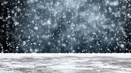Snowfall landscape with wooden floor foreground and heavy snowflakes falling softly