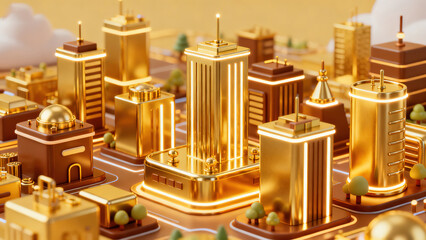 Cyberpunk Golden Future City 3D Scene