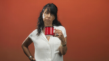 Senior woman holding red mug at chest level with right hand, left hand on hip, gazing into cup...