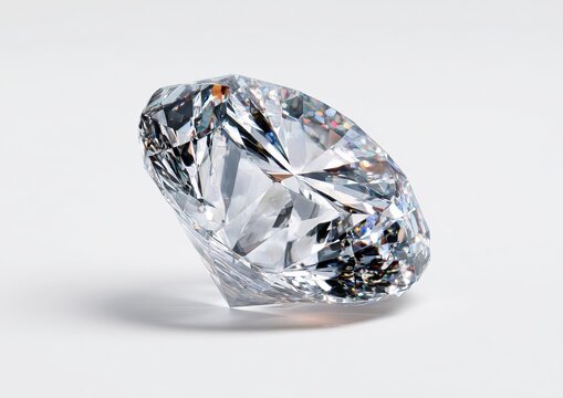 Angled View of a Sparkling Brilliant Cut Diamond on White Background