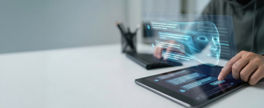 AI data leakage concerns arise as person interacts with tablet displaying digital face hologram and text in futuristic interface