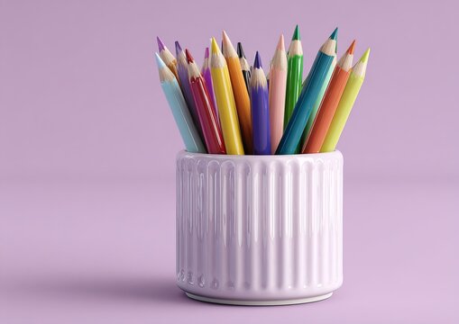 Assortment of Colored Pencils in a White Ceramic Holder
