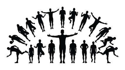 Diverse human silhouettes in sports and action poses isolated on white background, Vector