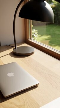 Bright and modern home office workspace featuring a sleek laptop minimalist desk lamp open notebook and pen by a window with natural light overlooking a peaceful