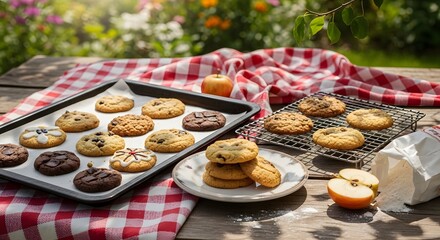 Delicious homemade cookies freshly baked on a picnic blanket outdoors ready to enjoy