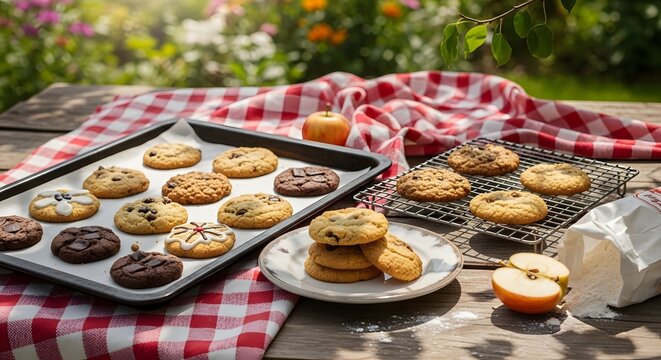 Delicious homemade cookies freshly baked on a picnic blanket outdoors ready to enjoy - Powered by Adobe