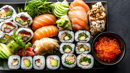 Salmon nigiri and assorted sushi rolls with avocado, ginger, wasabi and roe, vibrant fresh