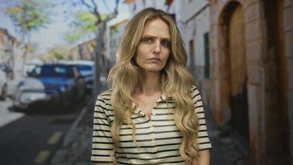 Woman standing on a street outdoors with long blonde hair in a striped shirt, surrounded by cars and buildings, expressing a serious demeanor in an urban setting.