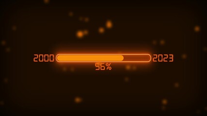 A glowing orange progress bar visually represents the passage of time from the year 2000 to 2023 indicating 100 percent completion against a dark bokeh filled background - Powered by Adobe
