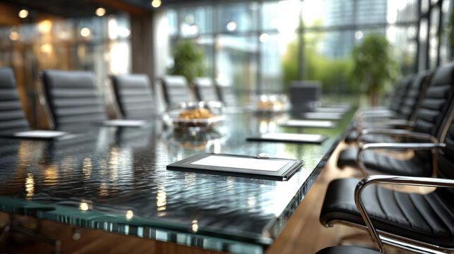 Close-up of a large glass conference table in a modern office with a graphic tablet on the table. Concept of business and business negotiations - Powered by Adobe