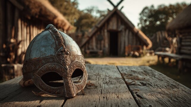 Viking helmet resting on an old wooden table with a historical hut in the background during golden hour light