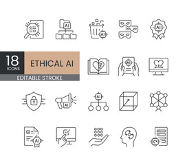 A set of vector icons representing core aspects of ethical AI, such as transparency, data privacy, fairness, and responsible use, created in line style with editable stroke