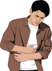 Man clutching his stomach in pain, illustration of abdominal discomfort, stomachache or cramps, medical health concept showing digestive or gut issues