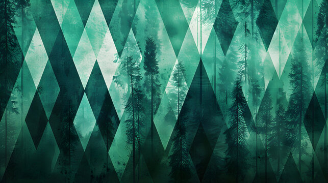 Dark green and deep blue abstract background featuring a stylized “forest” of geometric triangles and diagonal stripes, background, digital design texture