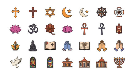 Flat lay vector icons of various world religions sit against a clean white background, expressing faith and diversity in a simple and symbolic illustration.