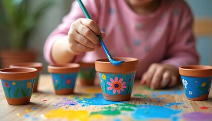 Child paints terra cotta pots with blue paint and flowers. Little artist has fun creating handmade decor with colorful craft supplies. Develops fine motor skills and creativity during art activity.