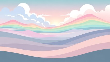 Obraz premium Pastel landscape with rolling hills and a soft sunrise, featuring a serene and dreamlike atmosphere.