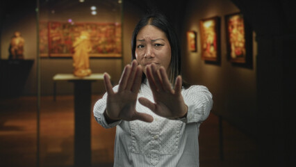 Young latin woman with palms forward, hands raised toward camera in an art gallery exhibit, standing near sculpture and framed paintings; guarded defiance.