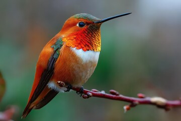 Naklejka premium Colorful hummingbird perched on a branch surrounded by soft blurred background foliage at dawn in a vibrant garden habitat