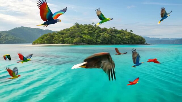 Bald eagle soaring majestically above clear turquoise tropical ocean with colorful parrots and lush island