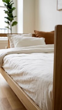 Minimalist Modern Wooden Bed Frame with Crisp White Linen Bedding in a Bright Bedroom Featuring a Fiddle Leaf Fig Plant and Natural Light