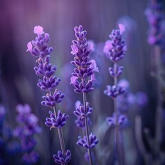 Naklejka premium Close-up of a sprig of flowering lavender. The flower is swaying in the wind. A purple flower in a flower bed or in a field. Production of essential oil.