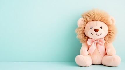 Stuffed lion with a ribbon bow around its neck pastel background