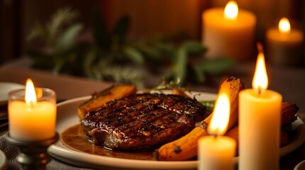 Delicious sliced steak cooked medium-rare with a shiny sauce and colorful roasted vegetables, highlighting premium food photography and rich culinary textures in high detail