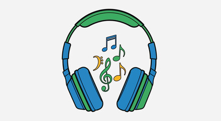 Illustration of blue and green headphones emitting musical notes in a cutout style against a clean white background, conveying a modern and playful mood.
